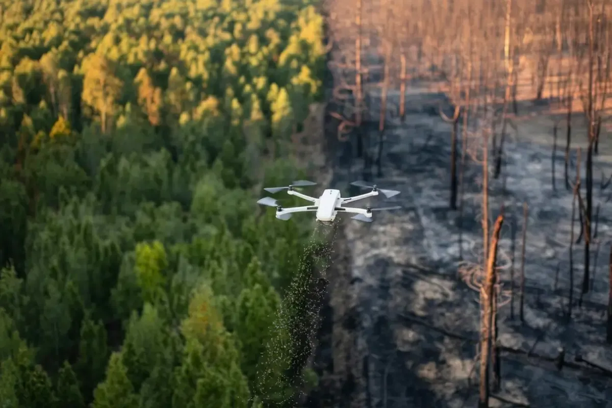 Drone releasing seed pods over a post-wildfire burn scar at golden hour