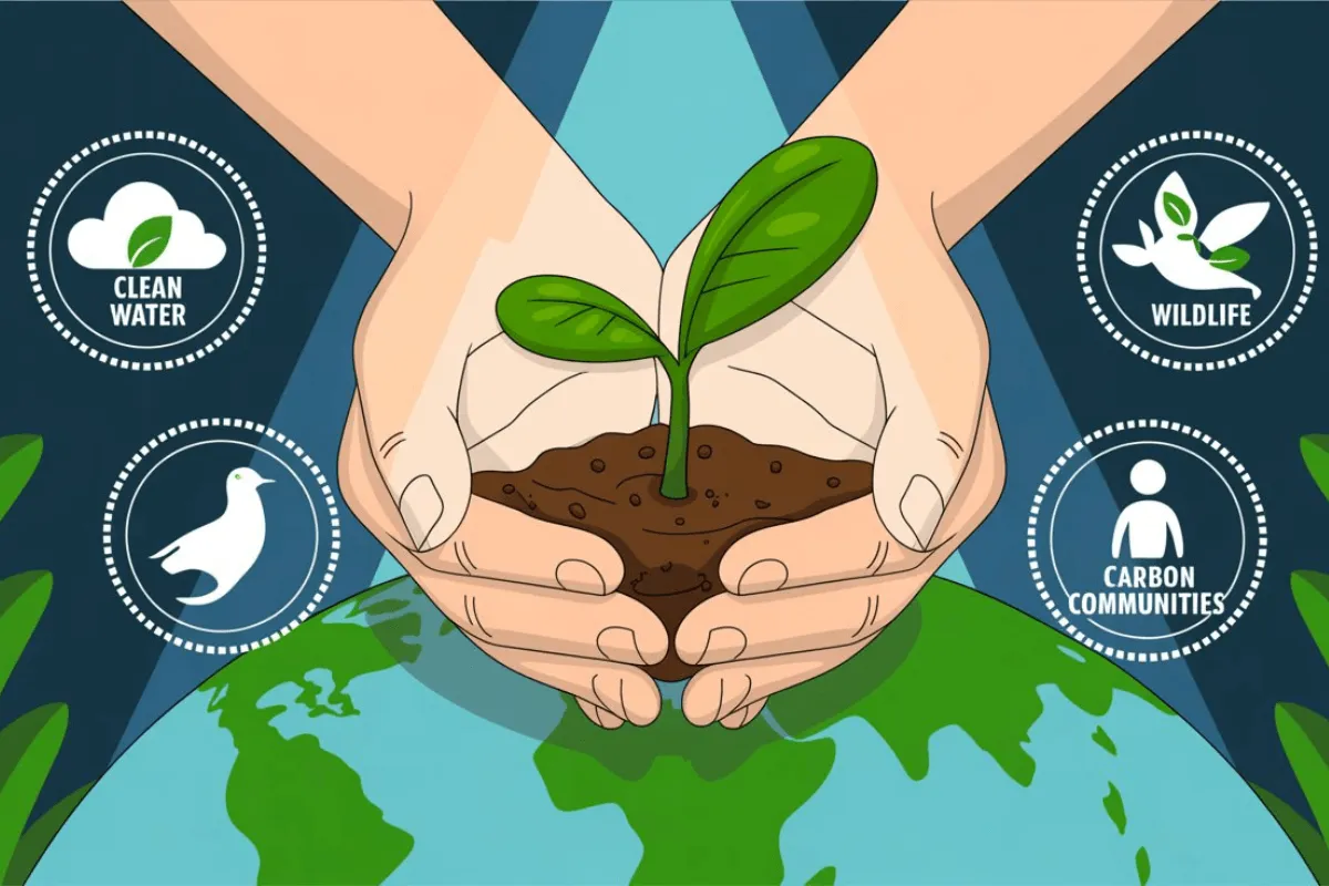 Illustration showing the benefits of reforestation with trees, wildlife, and community impact – PlanetTools 2025