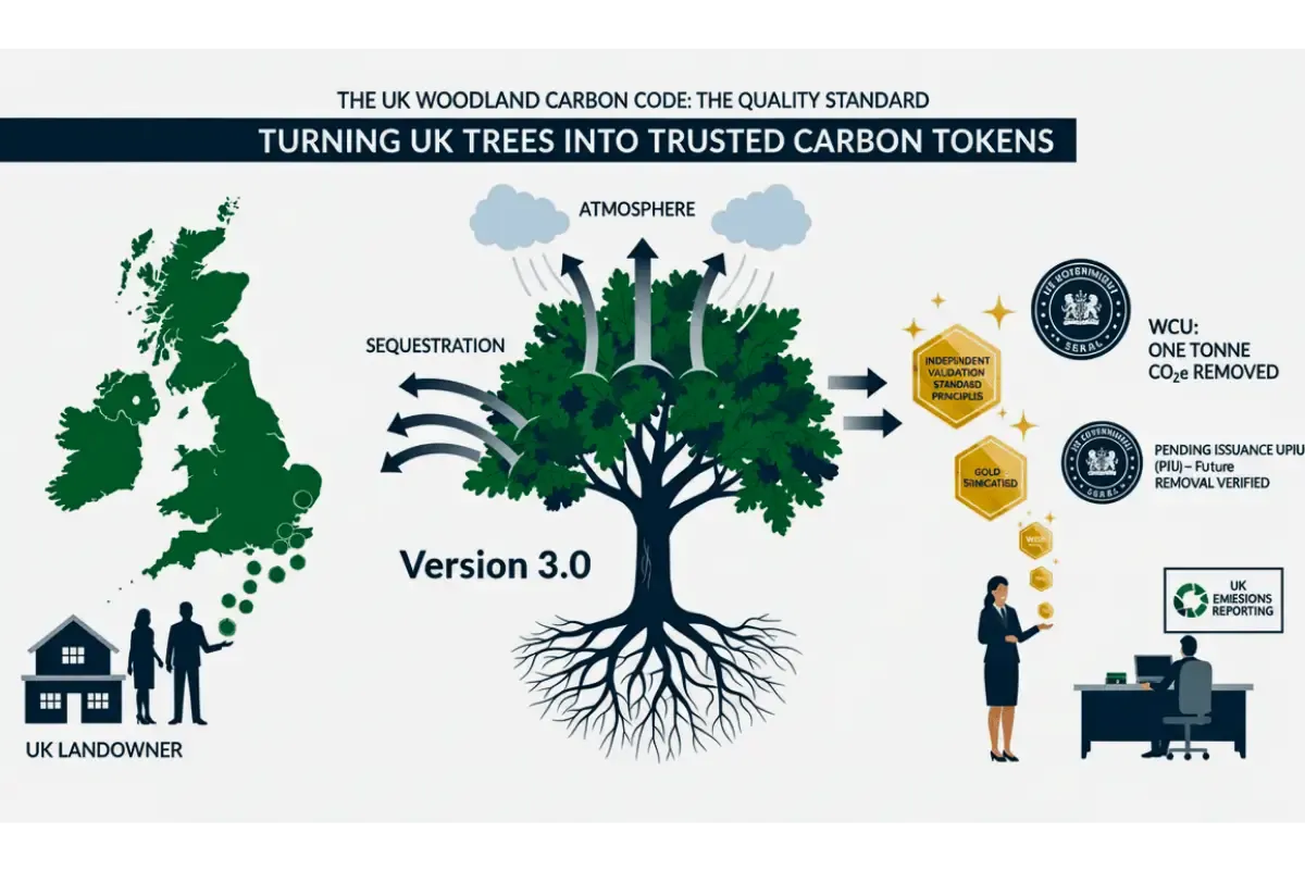 The perfected UK Woodland Carbon Code Version 3.0 infographic, detailing how UK landowners generate verified Pending Issuance Units (PIUs) and Woodland Carbon Units (WCUs) for corporate emissions reporting, with a geographically accurate map and corrected text labels.