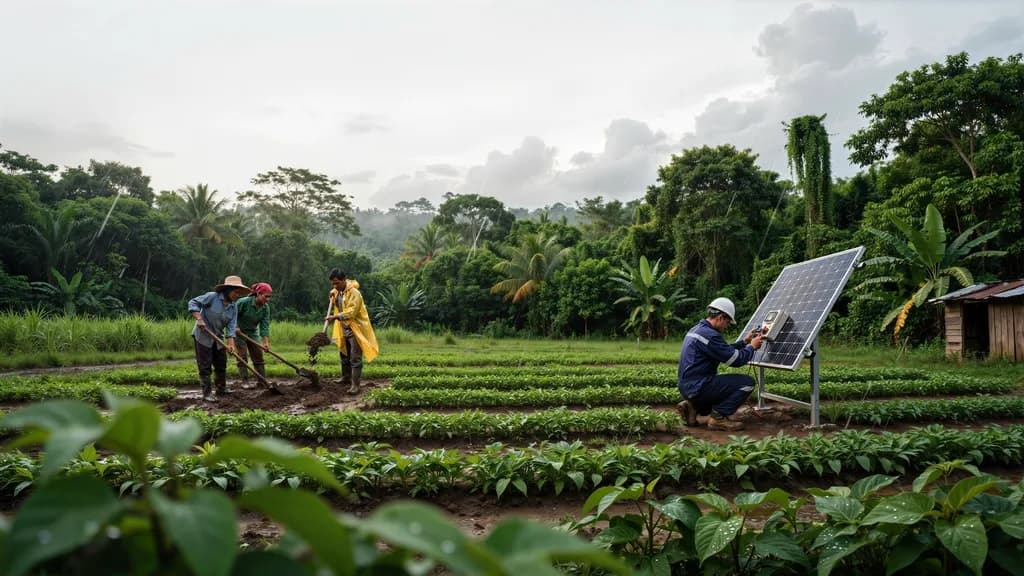 Reforestation field workers planting trees alongside off-grid solar panel setup