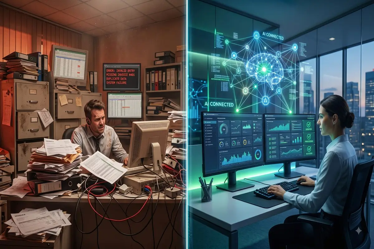 Before and after comparison of carbon accounting workflows: left side shows stressed analyst drowning in paper invoices, spreadsheet errors, and manual data entry chaos; right side shows sustainability professional using AI-powered carbon accounting software with clean dashboards, automated data processing, and verified emissions analyticsBefore and after comparison of carbon accounting workflows: left side shows stressed analyst drowning in paper invoices, spreadsheet errors, and manual data entry chaos; right side shows sustainability professional using AI-powered carbon accounting software with clean dashboards, automated data processing, and verified emissions analytics.