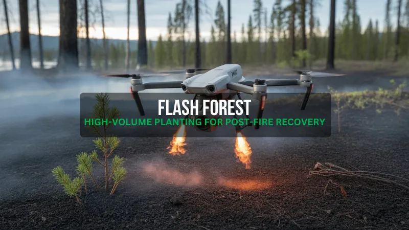 Drone from Flash Forest shoots seed pods into burned forest soil under misty skies.