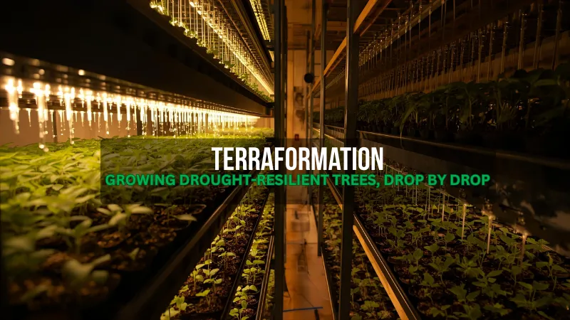 Terraformation's vertical nursery grows strong seedlings using minimal water.