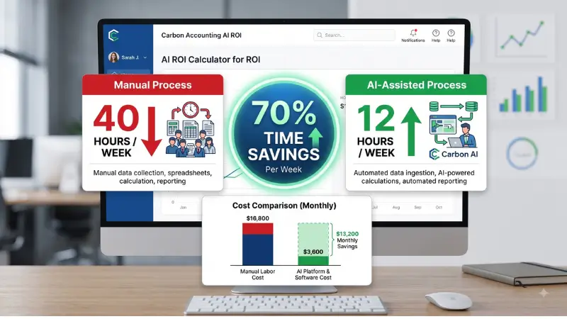 ROI calculator showing 70% reduction in manual data entry hours using AI carbon accounting