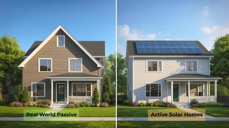 Visual comparison of passive solar home design vs active solar panel installation- Difference Between Passive and Active Solar Energy
