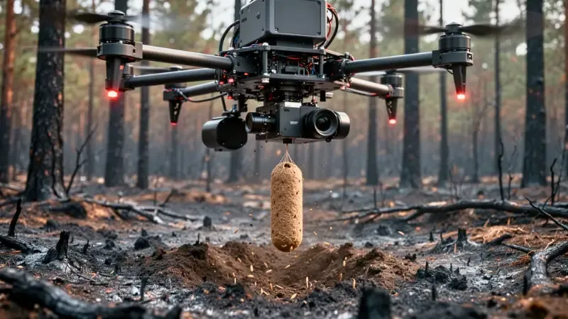 Industrial reforestation drone dropping a seed pod into post-fire soil- drones vs hand-planting