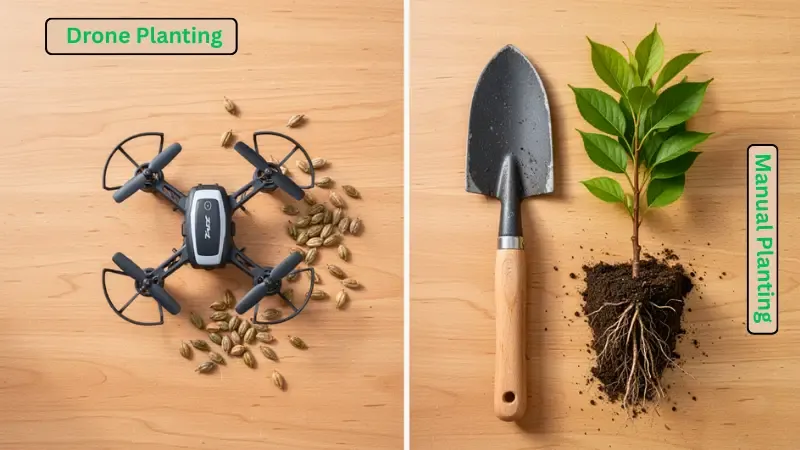 Flat-lay comparison of drone seed capsules versus hand-planting tools on a wooden surface