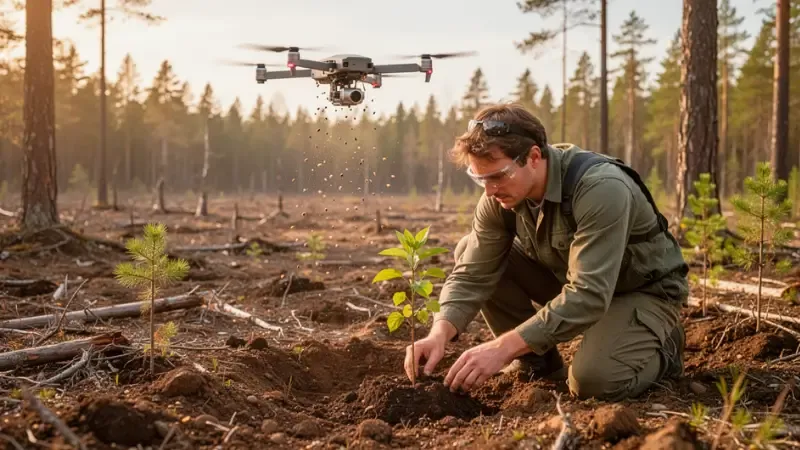 Drone seeding the background while a worker hand-plants saplings in the stabilized foreground