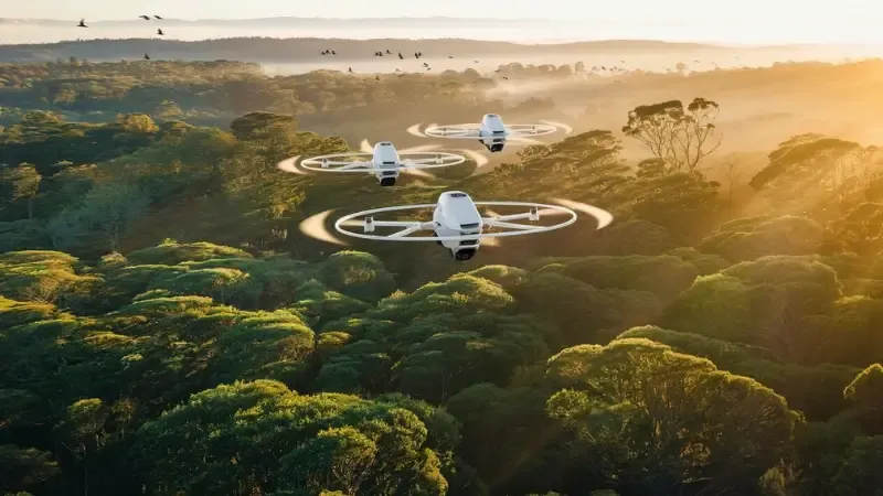 Fleet of autonomous drones planting trees over restored forest landscape in Australia