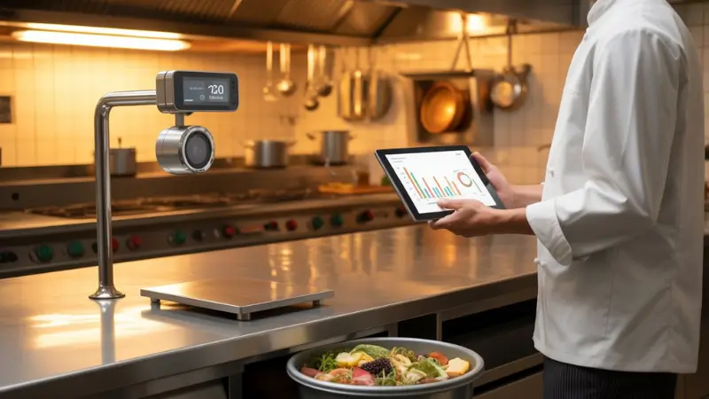 Commercial kitchen food waste tracking station with smart scale and AI camera monitoring discarded ingredients
