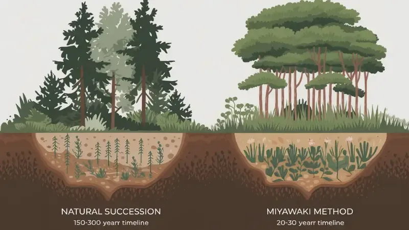 Diagram comparing natural forest succession taking 150 to 300 years versus Miyawaki method producing layered forest structure in 20 to 30 years