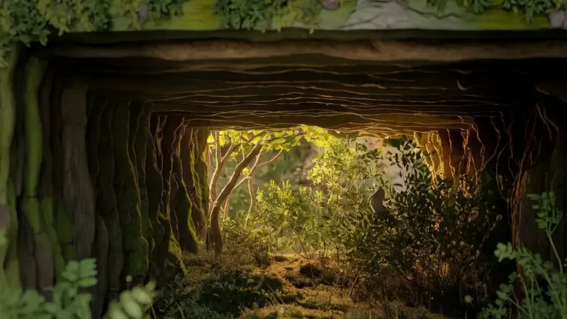 Dense interior of a Miyawaki mini forest showing layered canopy understory shrubs ground herbs and a bird showing biodiversity results after three years