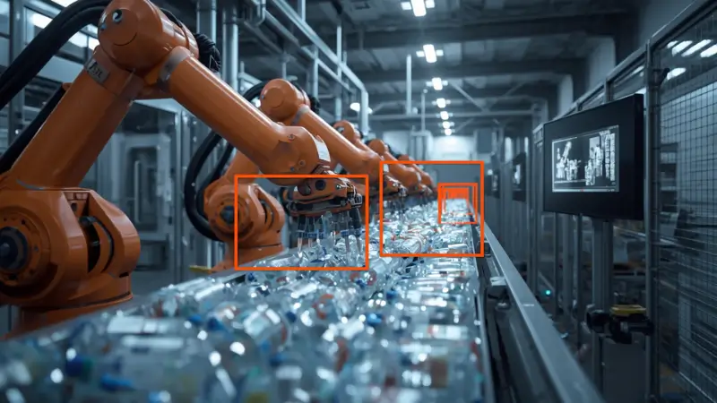 AI robotic arms sorting plastic bottles on a conveyor inside a modern materials recovery facility
