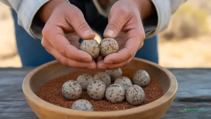 Close-up of hands making clay seed balls filled with native seeds for desert restoration planting.- native seed banks