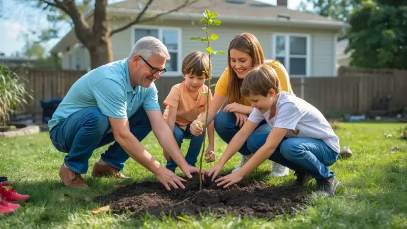 A multi-generational family plants a tree together, showcasing the hands-on community and educational focus of the Arbor Day Foundation.