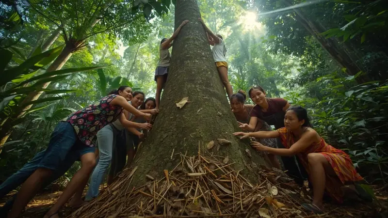 A diverse group of women leading a tree planting in a tropical rainforest, the community model TreeSisters funds.