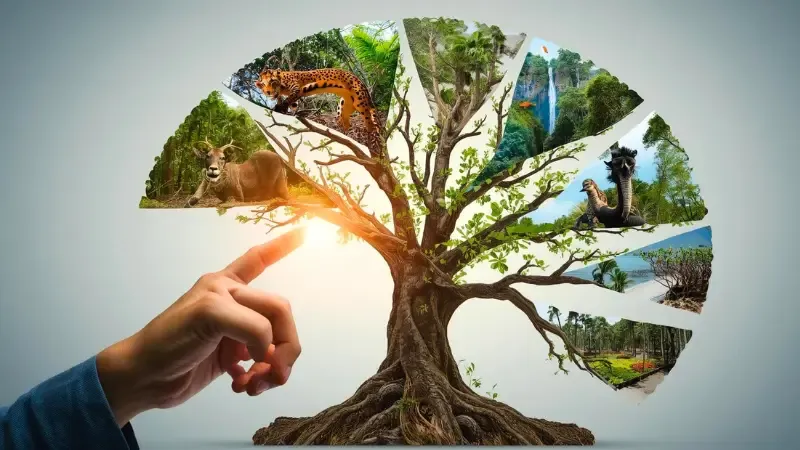 A hand interacts with a living decision tree whose branches reach different ecosystems, symbolizing the choice between the best non-profit tree planting websites.
