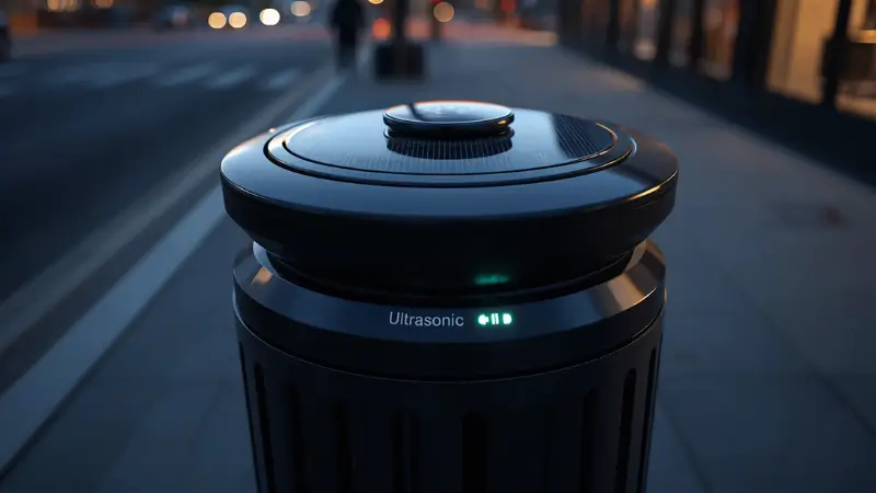 Solar-powered smart compacting waste bin with fill-level sensor on a city sidewalk