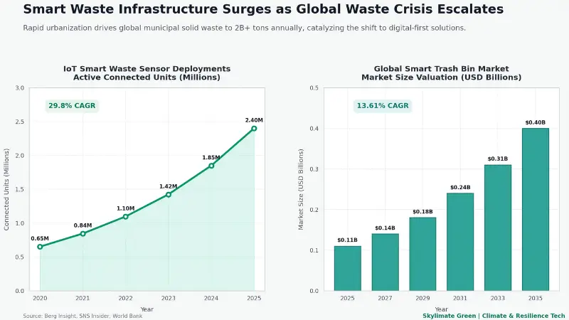 Chart showing smart waste sensor growth at 29.8 percent CAGR and the smart bin market reaching 0.40 billion dollars by 2035