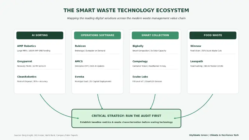 Diagram mapping eleven waste management tools across four categories: AI sorting, operations software, smart collection, and food waste intelligence