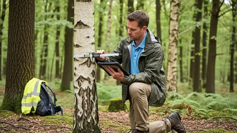 Independent environmental auditor measuring tree girth during a scheduled Woodland Carbon Code verification check.